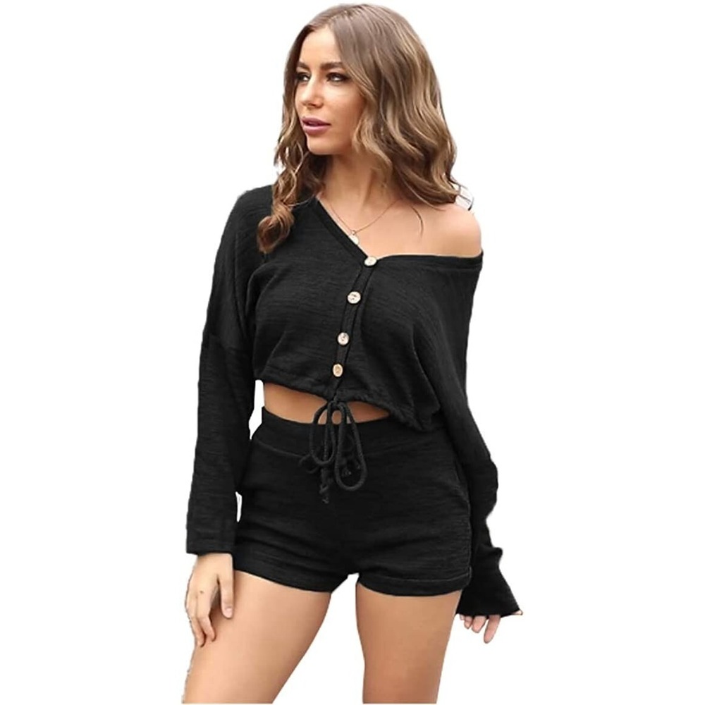 Two Piece Outfit for Women Sweater Crop Tops Long Sleeve Waisted Skinny Shorts M